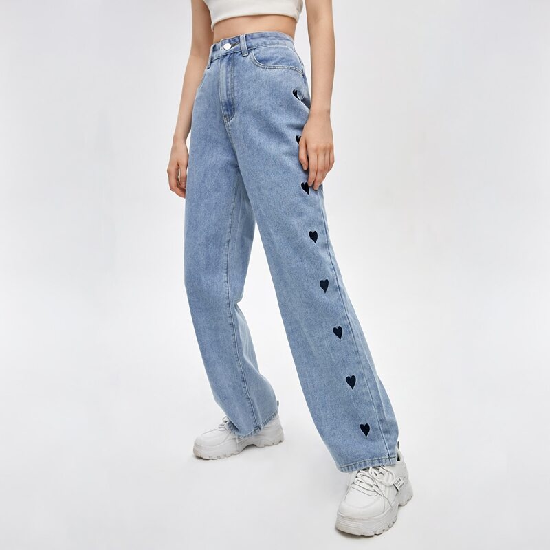 

Heart Embroidery Wide Leg Jeans, Light wash