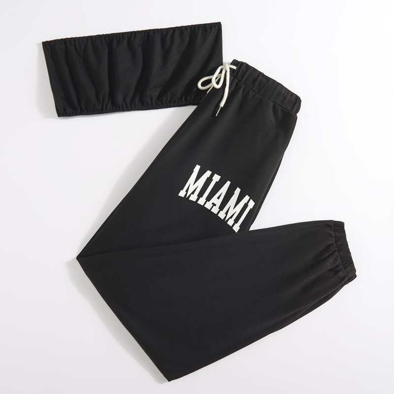 

Solid Crop Tube Top & Letter Drawstring Sweatpants, Black