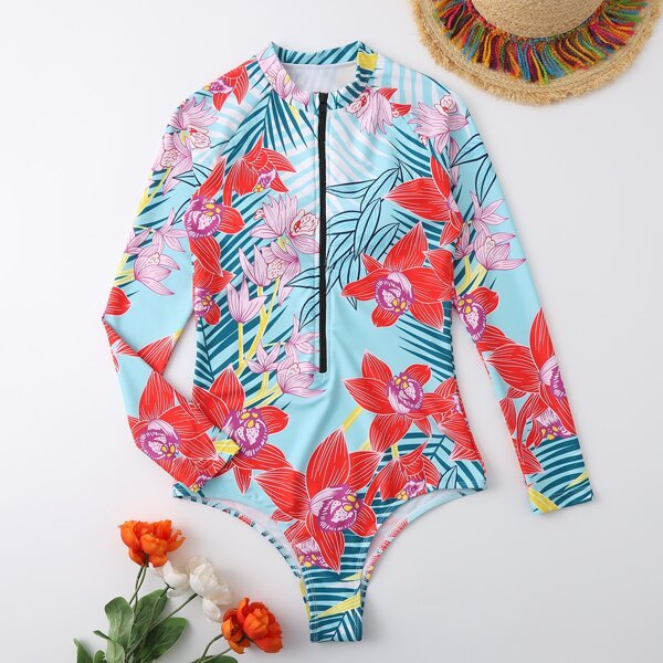 

Floral Print Zip Front One Piece Swimsuit, Multicolor