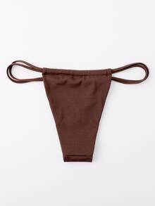 Rib Thong Bikini Bottom, For Summer Beach Vacation - Coffee Brown - View 2