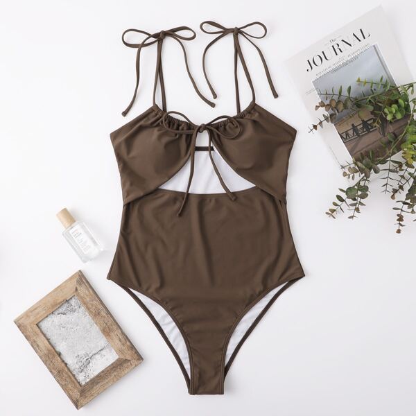 

Cut Out Self Tie One Piece Swimsuit, Chocolate brown