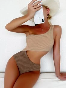 SHEIN Swim 夏季沙灘兩色中空單肩連體游泳衣 - 彩色 - 查看 1