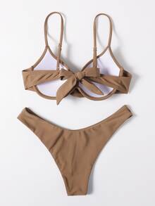Bikini liso de corte alto con efecto push-up, ideal para vacaciones de verano en la playa - Café integral - Ver 2