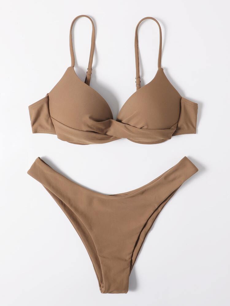 Plain Push Up High Cut Bikini, For Summer Beach Vacation - Coffee Brown - View 3