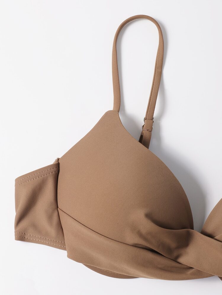 Plain Push Up High Cut Bikini, For Summer Beach Vacation - Coffee Brown - View 5