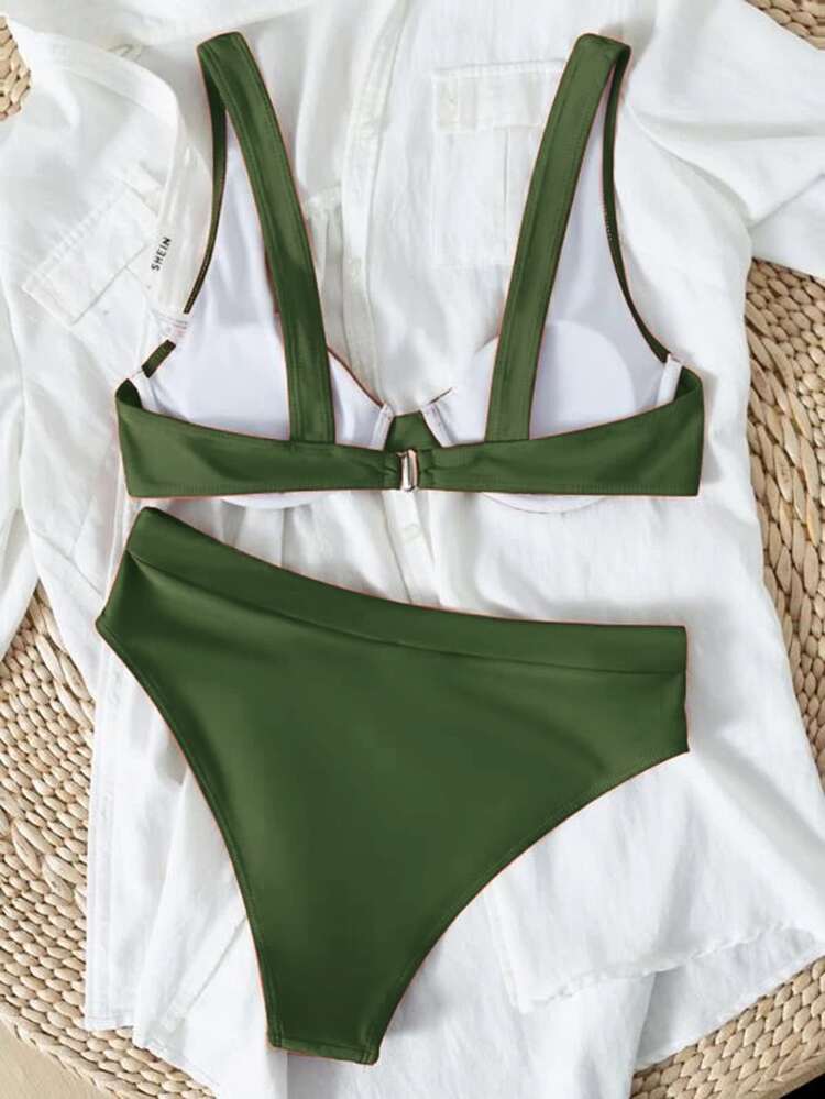 Bikini de cintura alta con soporte bajo busto - Verde militar - Añade 2