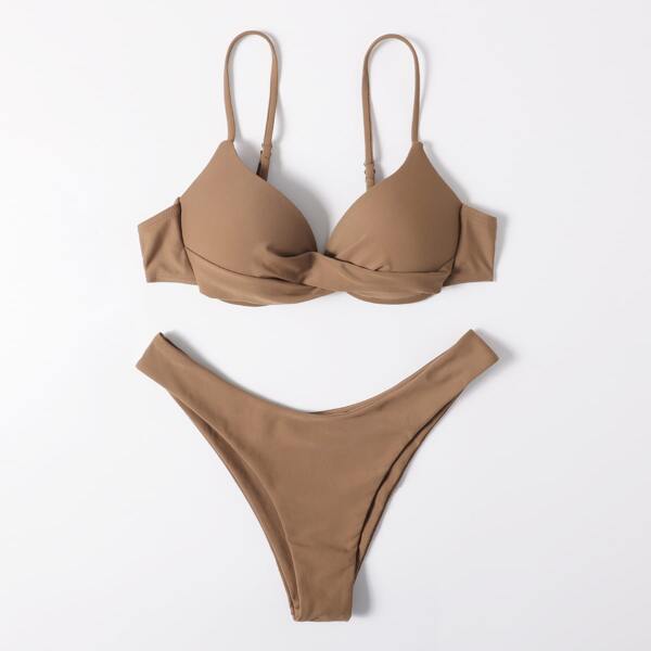

Twist Front Push Up Bikini Swimsuit, Mocha brown