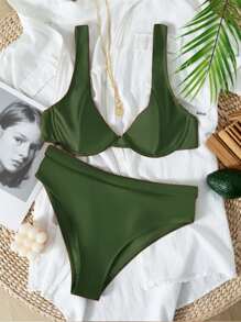 Underwire High Waisted Bikini - Army Green - View 5