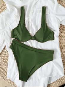 Underwire High Waisted Bikini - Army Green - View 6