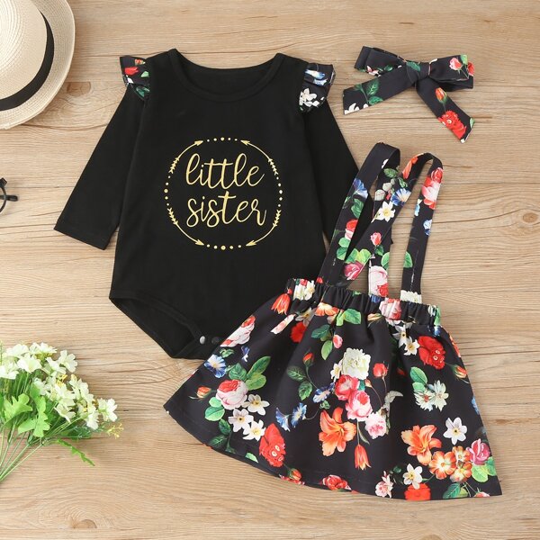 

Baby Letter Bodysuit & Floral Pinafore Skirt With Headband, Multicolor
