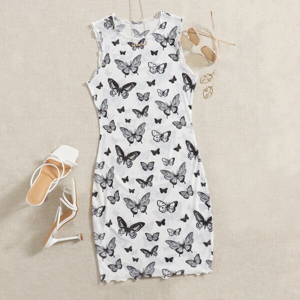 

Allover Butterfly Print Lettuce Trim Dress, Black and white