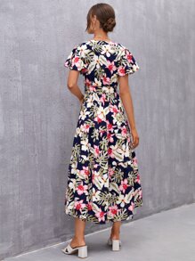 SHEIN 熱帶圖案蝴蝶袖繫腰帶連衣裙 - 彩色 - 查看 2