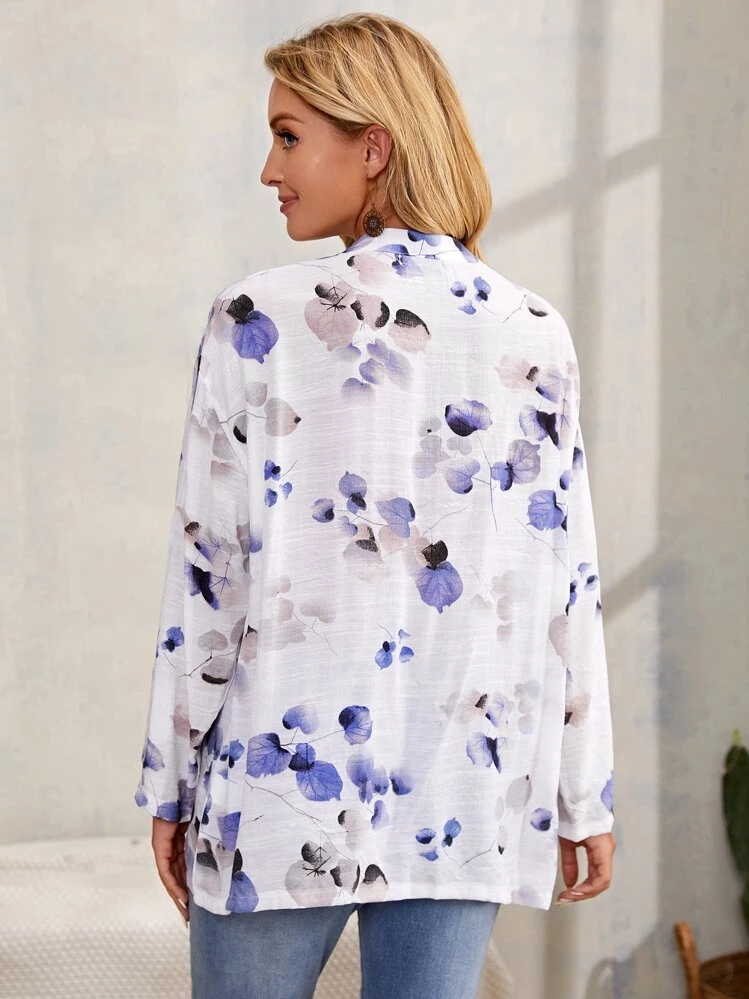 Blusa con estampado floral de media tapeta con botón de cuello notch - Blanco - Añade 2