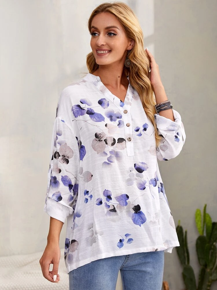Blusa con estampado floral de media tapeta con botón de cuello notch - Blanco - Añade 3
