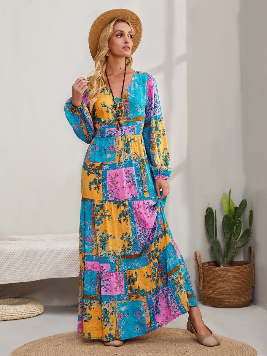 EMERY ROSE Vestido con estampado floral de bufanda, manga farol y dobladillo con volantes - Multicolor - Ver 1