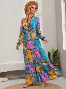 EMERY ROSE Vestido con estampado floral de bufanda, manga farol y dobladillo con volantes - Multicolor - Ver 4