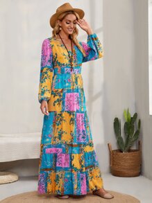 EMERY ROSE Vestido con estampado floral de bufanda, manga farol y dobladillo con volantes - Multicolor - Ver 5