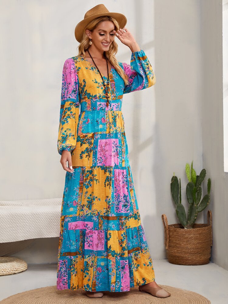 EMERY ROSE 花卉围巾印花灯笼袖荷叶边下摆连衣裙 - 彩色 - 查看 5