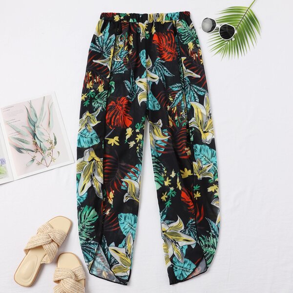 

Floral & Tropical Chiffon Cover Up Pants, Multicolor