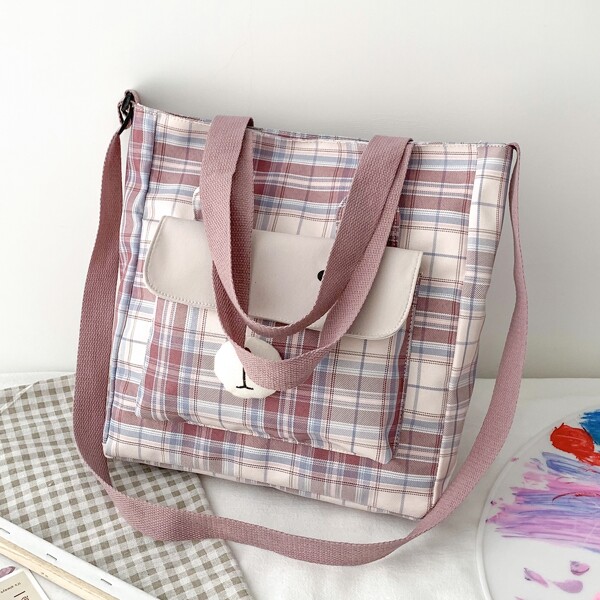 

Cartoon Plaid Tote Bag, Pink