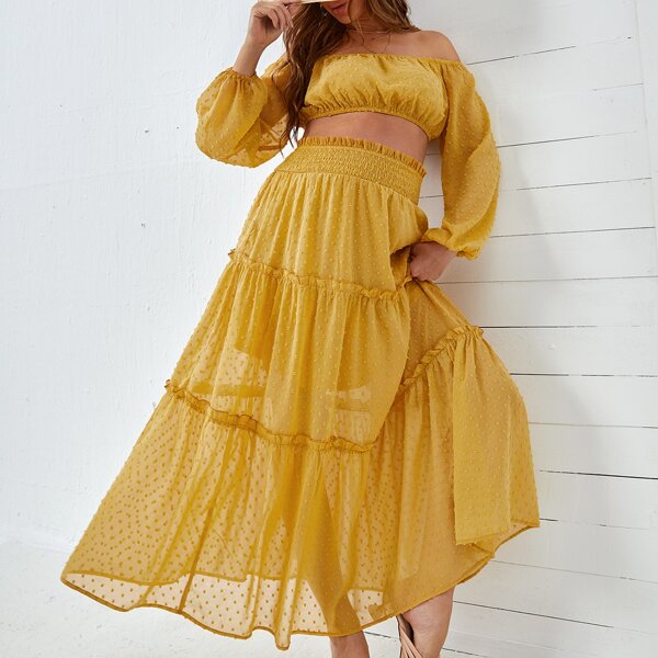 

Maternity Swiss Dot Off Shoulder Crop Top & Layered Hem Skirt, Yellow