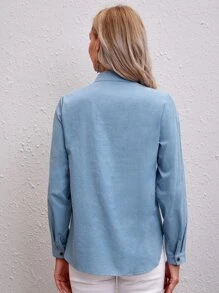 EMERY ROSE Camisa de manga de doblez con bordado de figura - Neblina azul - Ver 2