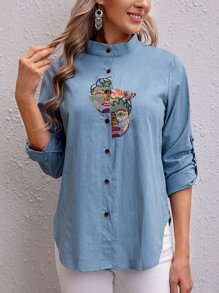 EMERY ROSE Camisa de manga de doblez con bordado de figura - Neblina azul - Ver 3