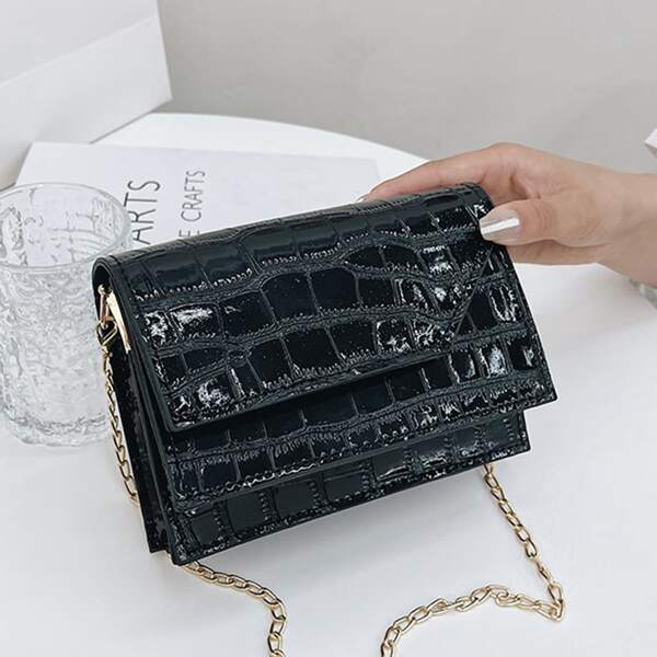 

Croc Embossed Chain Crossbody Bag, Black