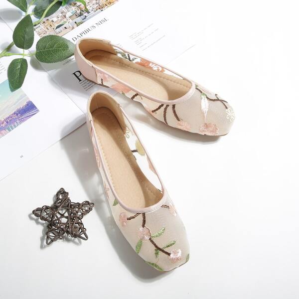 

Flower Embroidered Sheer Mesh Flats, Multicolor