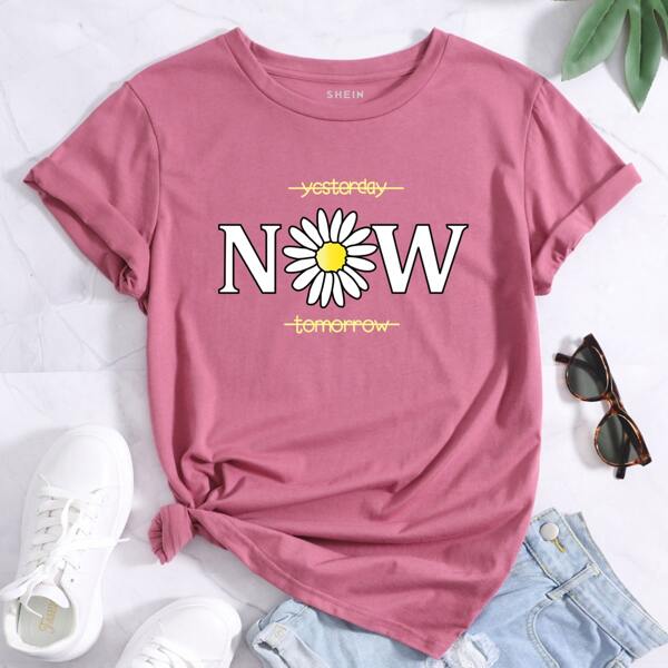 

Floral & Letter Graphic Tee, Dusty pink