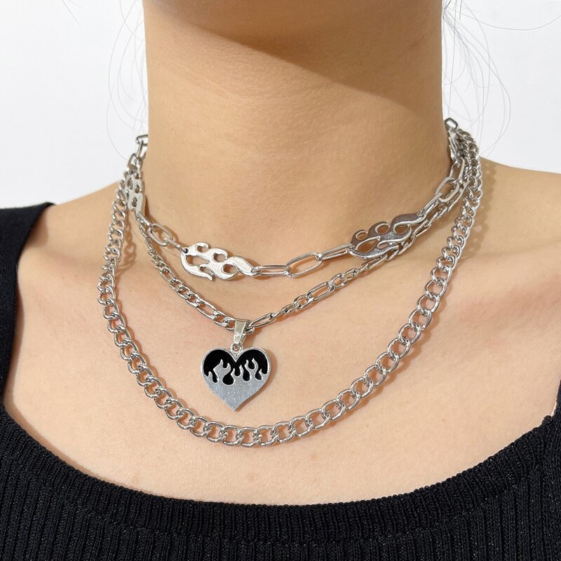 

3pcs Heart Pendant Chain Necklace, Silver