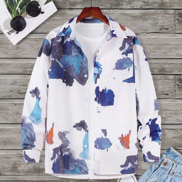 

Men Graphic Print Button Up Shirt, Multicolor