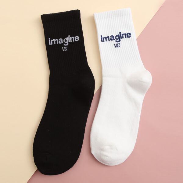 

2pairs Letter Graphic Crew Socks, Black and white