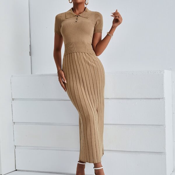 

Three Quarter Button Knit Top & Skirt, Camel