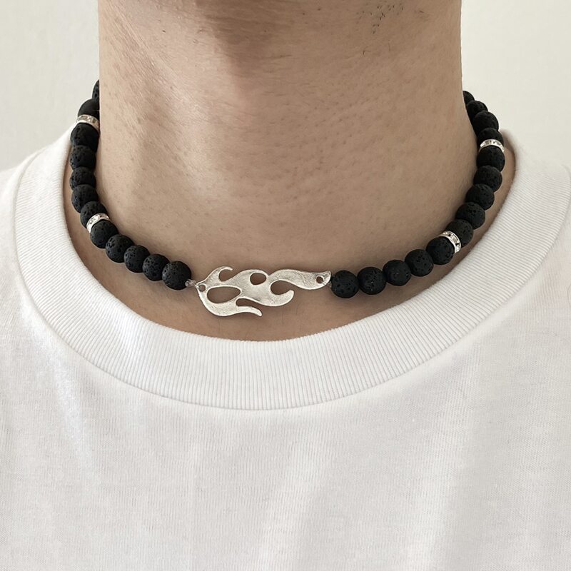 

Guys Fire Design Beaded Necklace, Black