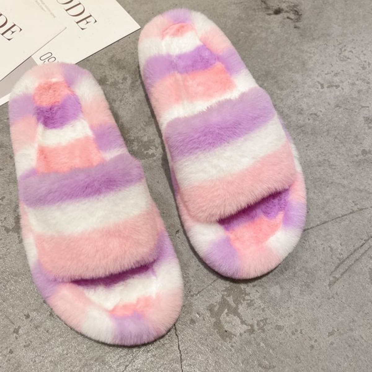 

Fluffy Striped Home Slippers, Multicolor