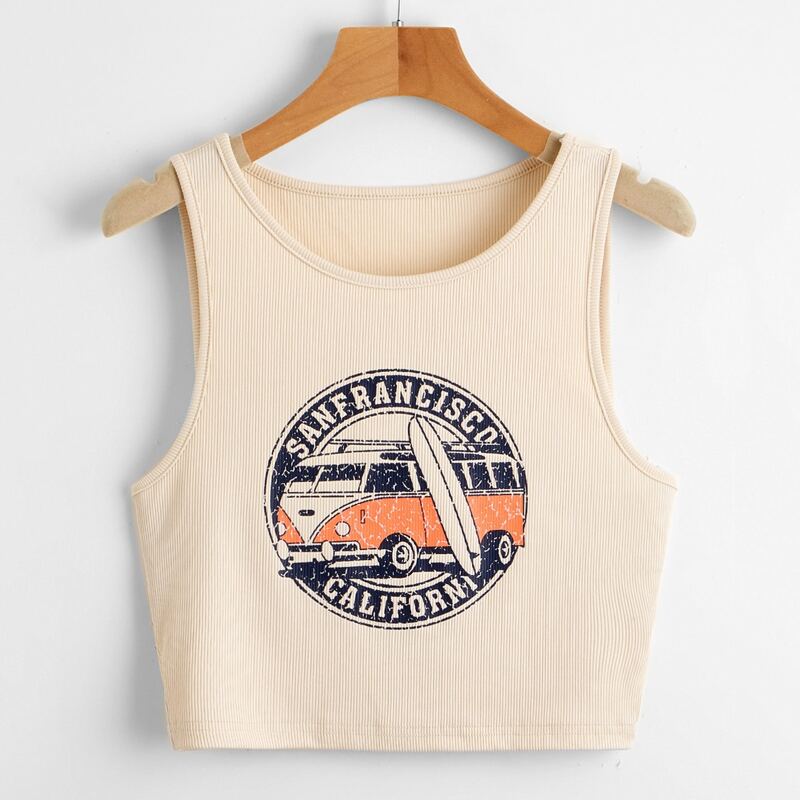 

Car & Letter Graphic Tank Top, Apricot