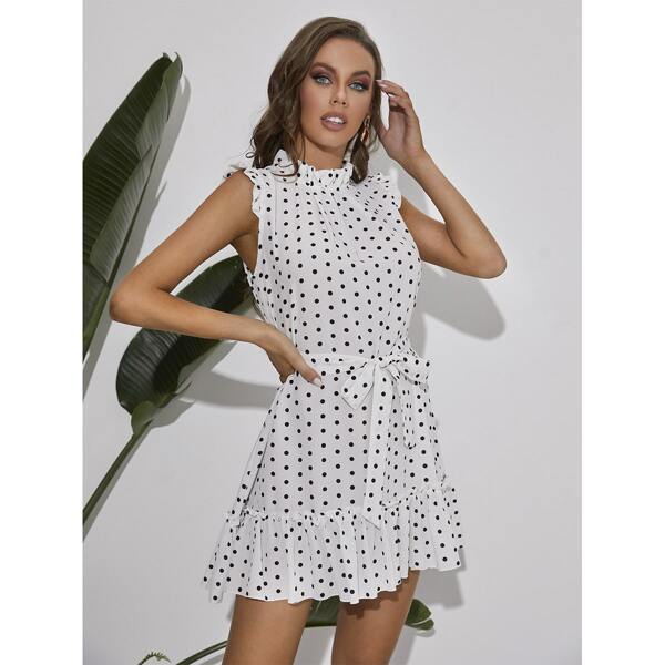 

Polka Dot Ruffle Hem Belted Dress, White