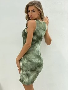 Tie Dye Rib-Knit Bodycon Dress - Army Green - View 2
