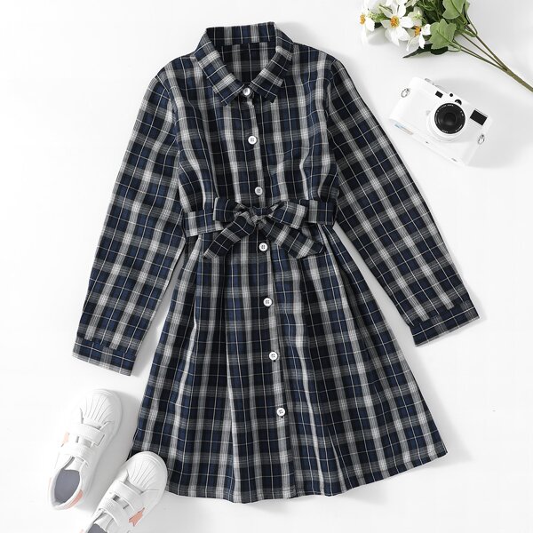 

Girls Tartan Print Button Front Belted Shirt Dress, Multicolor