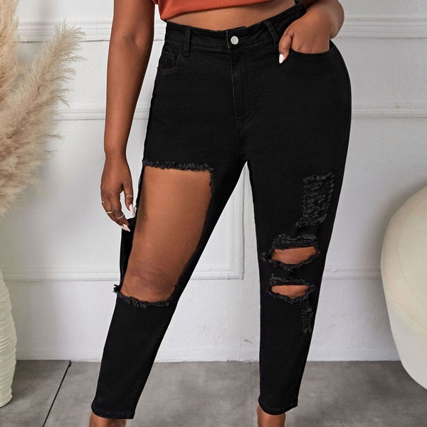 

Plus Cut Out Ripped Slant Pocket Raw Trim Jeans, Black