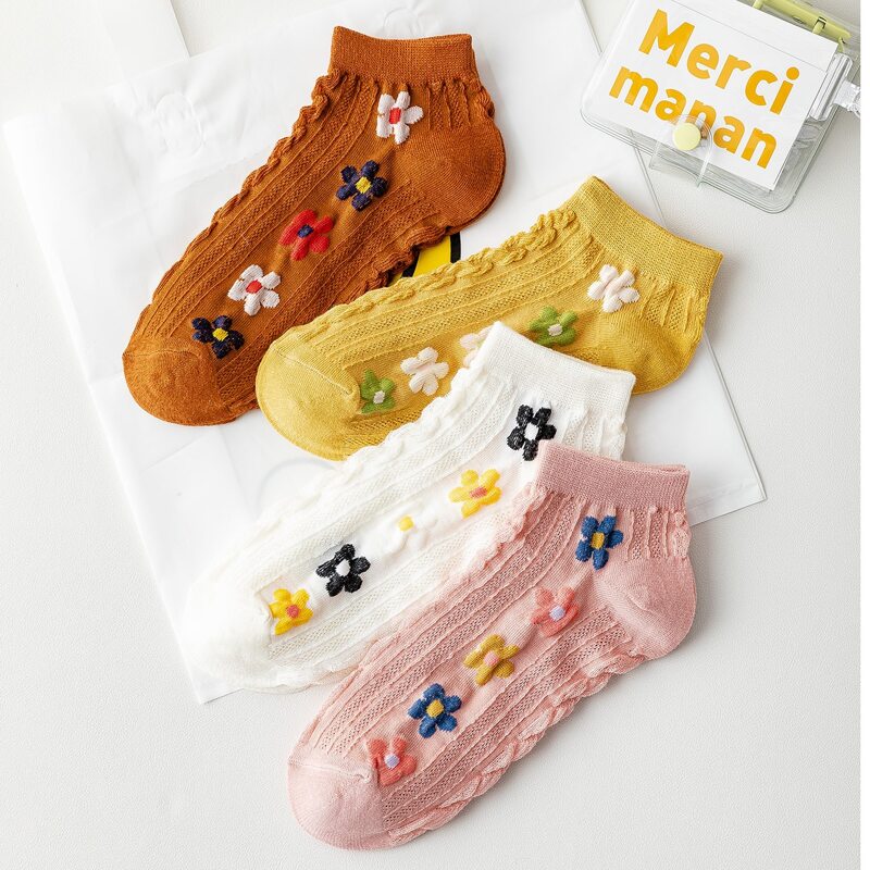 

4pairs Floral Pattern Ankle Socks, Multicolor