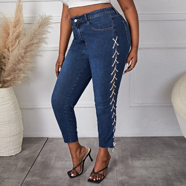 

Plus High Waist Lace Up Side Skinny Jeans, Dark wash