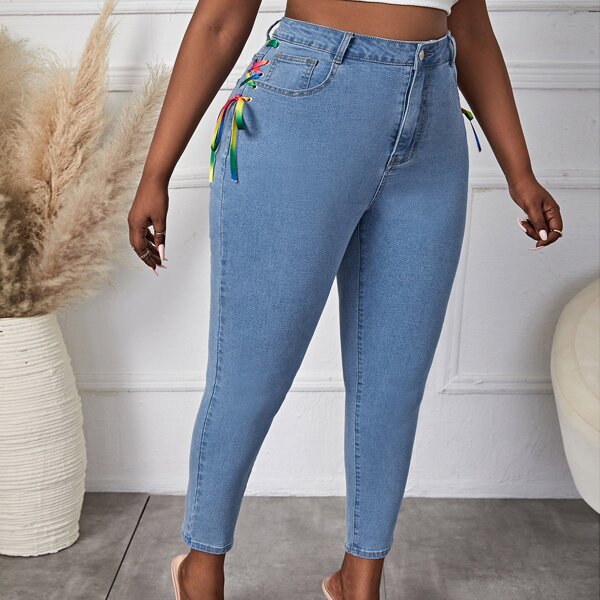 

Plus High Waist Lace Up Side Skinny Jeans, Light wash