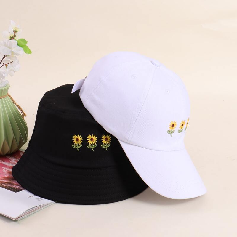 

1pc Floral Embroidery Bucket Hat & 1pc Baseball Cap, Black and white