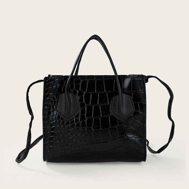 

Croc Embossed Satchel Bag, Black