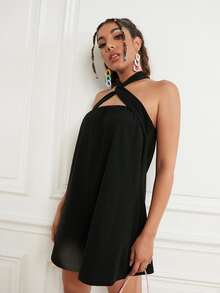 SHEIN Crisscross Tie Backless Ruched Jumpsuit - Black - View 3