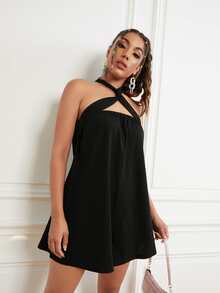 SHEIN Crisscross Tie Backless Ruched Jumpsuit - Black - View 5