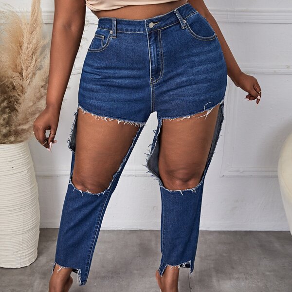 

Plus Cut Out Raw Trim Jeans, Dark wash