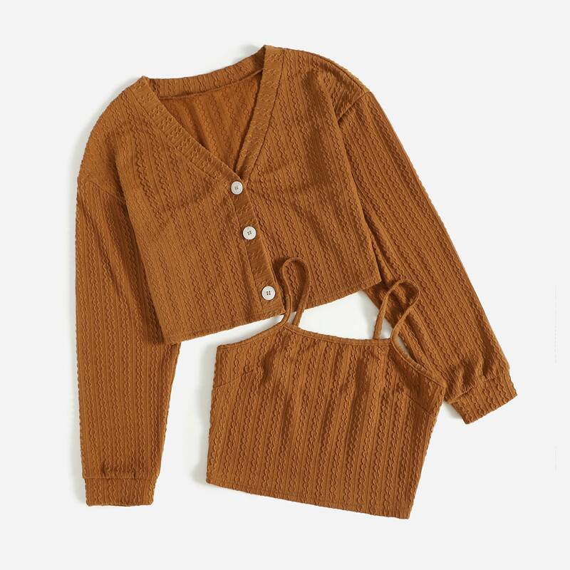 

Solid Button Front Cardigan & Knit Top, Brown